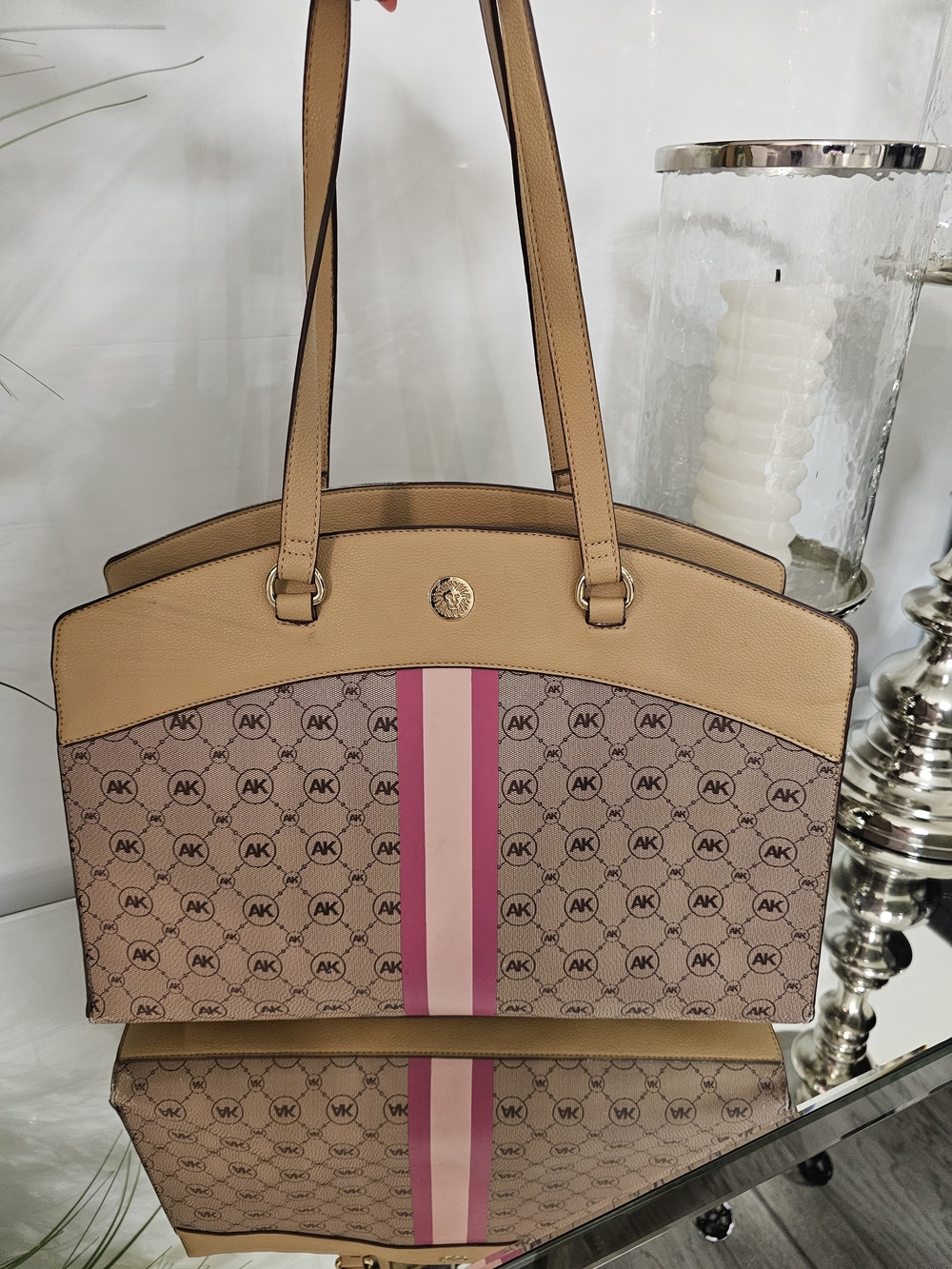 Anne Klein Tan & Pink Logo Stripe Tote